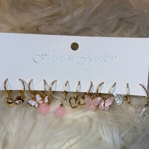 Gold-Tone Earring Set Of 6 Pair with Pink Butterfly & Heart Charms